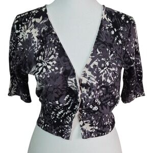 Express Womens Cropped Cardigan Sweater Black White Floral Short Sleeve V-Neck M